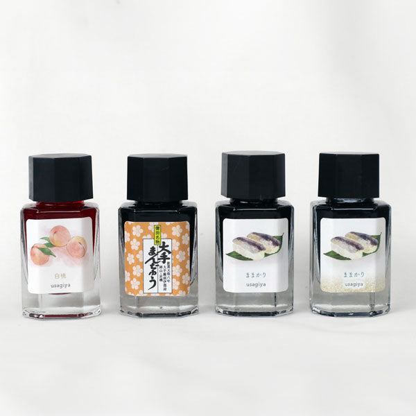 ■うさぎやオリジナルインク■ <備中想色/備前浪漫シリーズ> 万年筆インク 全4色 15ml<箱入り> 水性染料インク 万年筆 白桃/大手まんぢゅう/ままかり