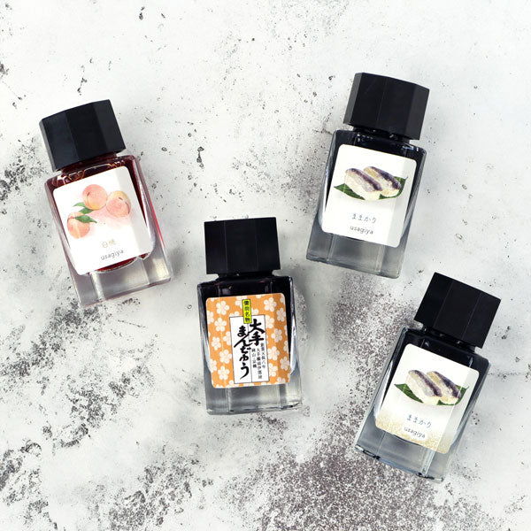 ■うさぎやオリジナルインク■ <備中想色/備前浪漫シリーズ> 万年筆インク 全4色 15ml<箱入り> 水性染料インク 万年筆 白桃/大手まんぢゅう/ままかり